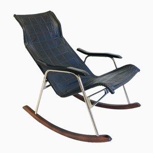 Sedia a dondolo Mid-Century moderna in pelle nera di Takeshi Nii, anni '60