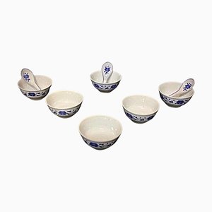 Chinese Porcelain Rice Bowls with 3 Spoons, 1940s, Set of 9