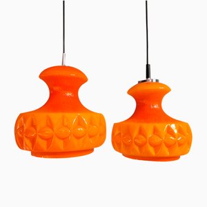 Lampes à Suspension Space Age en Verre Opalin Orange de Peill & Putzler, 1970, Set de 2