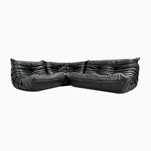 Set da salotto Togo in pelle nera di Michel Ducaroy per Ligne Roset., set di 3