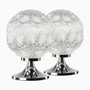 Lampade da tavolo in vetro strutturato e base cromata, anni '70, set di 2
