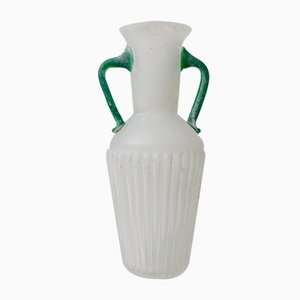 XVintage Murano Glass Vase - Scavo Glass, Frosted White, Green Handles - Italy 1960s - Amphora, Decorative Vase, Gift