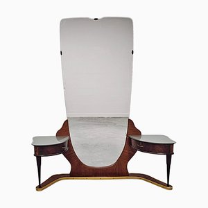 Specchio da toeletta vintage in radica di noce e ottone di Cesare Lacca, anni '50