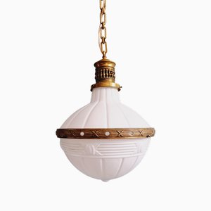 Large Art Deco Pendant Light in Milky White Glass and Openwork Brass, 1920s