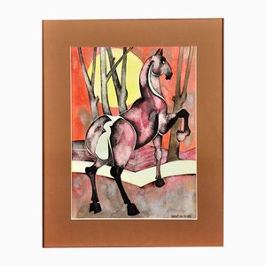 Geoffrey Key, Horse with Rising Sun, 1989, Watercolour, Framed