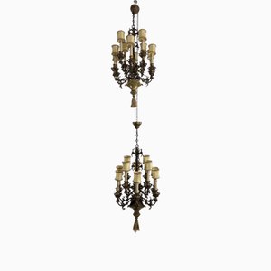 French 10-Light Chandeliers in Wrought Iron and Brass, 1980s, Set of 2