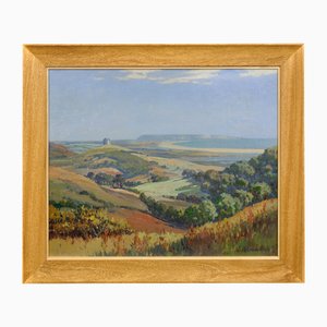 Joseph Hennah, Abbotsbury Hill View, Chesil Beach & Portland, St Catherine's Chapel & the Fleet, Oil Painting, 1950s, Framed