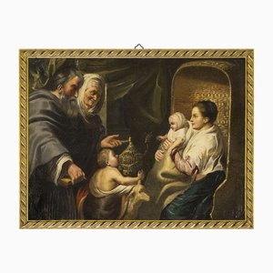 Jacob Jordaens, Vierge à l'enfant, Anna, Joachim et l'enfant Saint John, années 1800, peinture à l'huile sur cuivre, encadrée