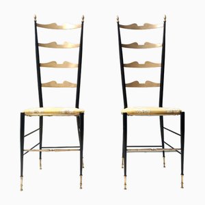 Vintage Brass and Metal Chiavarine Chairs with Yellow Fabric, Italy, 1950s, Set of 2