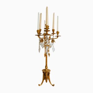 French Empire Neoclassical 7-Light Candelabra in Gilt Bronze and Crystal