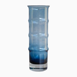 Grand Vase Scandinave Mid-Century en Verre Bleu et Bambou par Borgström Åseda, Suède
