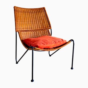 Sillón Bauhaus minimalista Mid-Century de mimbre y hierro forjado de Frederic Weinberg, años 60
