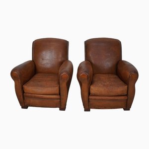 Cognacfarbene französische Vintage Leder Clubsessel, 2er Set
