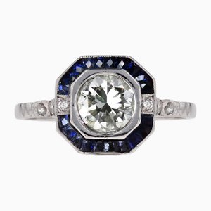 Anillo Art Déco moderno de platino con diamantes y zafiros