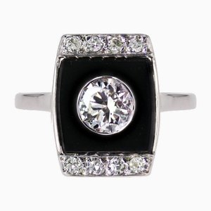 Art Deco Diamond Onyx Platinum Ring, 1930s
