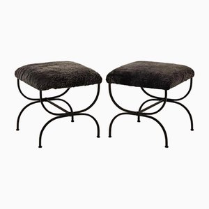 Set of Grey Fur Strapontin Stools by Atelier Cabanel
