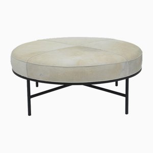 Otomana de tambor de cuero blanco y acero ennegrecido de Atelier Cabanel
