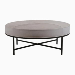 White Hide and Matte Black Tambour Round Ottoman by Atelier Cabanel