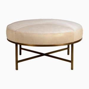 Small White Hide and Patinated Brass Tambour Ottoman by Atelier Cabanel