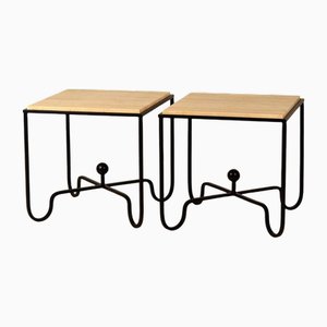 Wrought Iron and Travertine Entretoise Side Tables by Atelier Cabanel, Set of 2