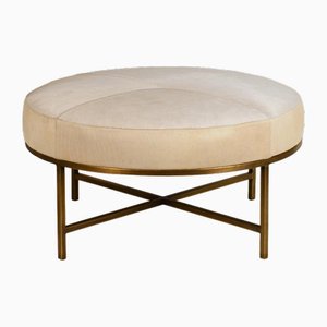 White Hide and Patinated Brass Tambour Ottoman by Atelier Cabanel