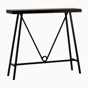 Trapèze Blackened Steel and Goatskin Consoles by Atelier Cabanel, Set of 2