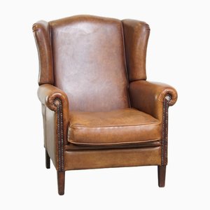 Fauteuil à Oreilles en Cuir Cognac