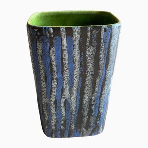 Vase Fat Lava Mid-Century Moderne en Grès à Rayures Bleues et Blanches de Jasba, 1960s