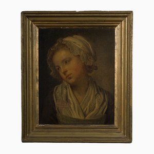 Portrait of a Young Girl with a 19th Century Headdress, Oil on Canvas, Framed