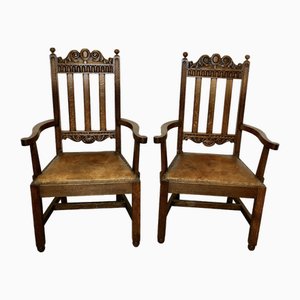 Set of Arts and Crafts Carved Oak Carver Chairs