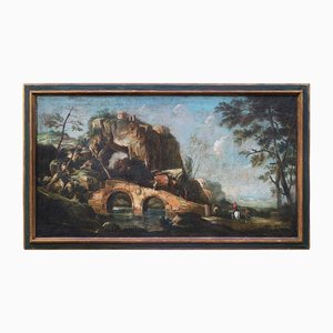 Artiste de l'École Italienne, Paysage avec Pont et Personnages, Années 1700, Huile sur Toile