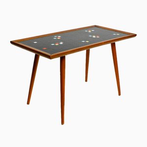 Long Mid-Century Walnut Wood Coffee Table with Mosaic Surface
