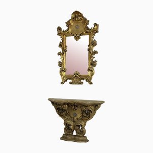 Mid-Century Louis Xv Console and Mirror in Carved and Gilded Wood, 1930s, Set of 2