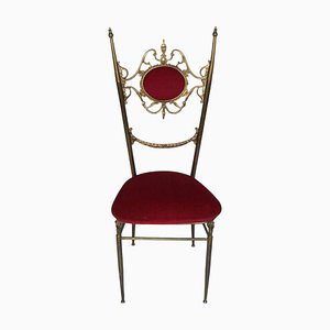 Vintage Italian Hollywood Regency Chiavari Chair in Brass with Red Velvet Seating, 1950s