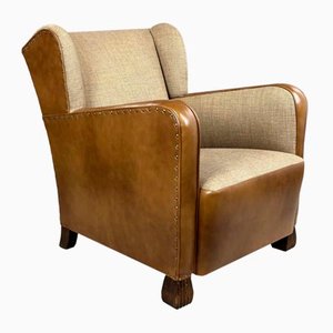 Antiker Sessel aus Leder & Stoff mit Ohren, 1920er
