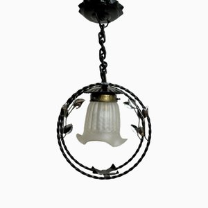 Lampe à Suspension Moderne en Fer Forgé avec Décor de Feuilles Organiques, Suède, 1940s