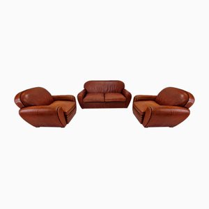 Sillones Club y sofá vintage de cuero Saddle de Jan Frantzen. Juego de 3