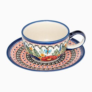 200 ml Cups with Lotus Flower Saucers by Porcelana Boleslawiec, Set of 2