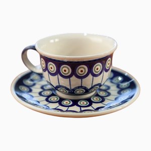220 ml Cups with Krokus Saucers by Porcelana Boleslawiec, Set of 4