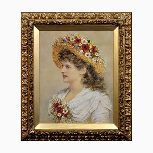Alice Anne Renshaw, Giovane donna con fiori di prato estivo nel suo cappello di paglia, acquerello e pittura a guazzo, 1800, incorniciato