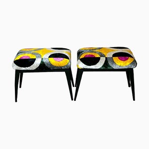 Italienische Mid-Century Ikat Bänke aus Holz & Seidensamt, 1950er, 2er Set