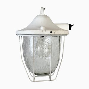 Industrial White Bunker Cage Light from Polam Gdansk, 1970s