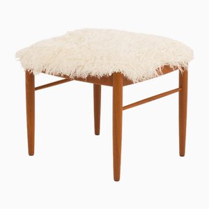 Repose-Pieds en Teck et Peau de Mouton à Poils Longs par Bramin, Danemark, 1960s