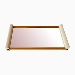 Bandeja de servicio Art Déco con espejo en blanco y dorado, Francia, años 60