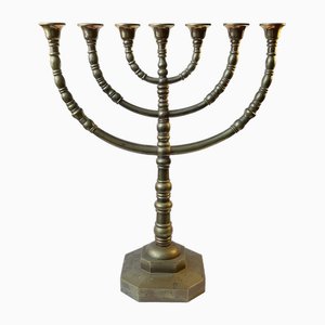 Großer 7-armiger Menorah Kerzenhalter aus Messing, 1920er