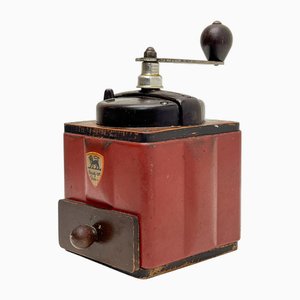 Französische Kaffeemühle aus rotem Metall & Bakelit von Peugeot, 1940er