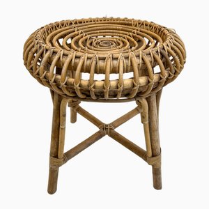 Mid-Century French Woven Bamboo Rattan Stool, 1950s
