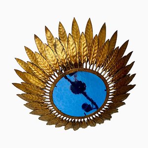 Grand Luminaire Crown Sunburst en Métal Doré et Verre Givré, Espagne, 1950