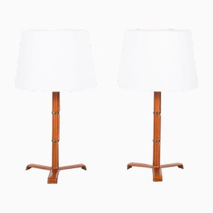 Sellier Stitched Tan Leather Lamps by Atelier Cabanel, Set of 2