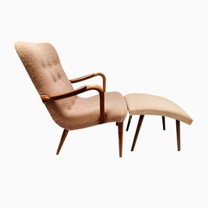Set of Armchair in Stained Beech Wood with Matching Foot Stool attributed to Alfred Christensen for Madsen & Schubell, Denmark, 1950s